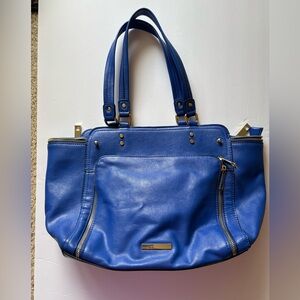 Gail Labelle Blue Faux Leather Large Bag Roomy Zip Close Gold Accents Purse